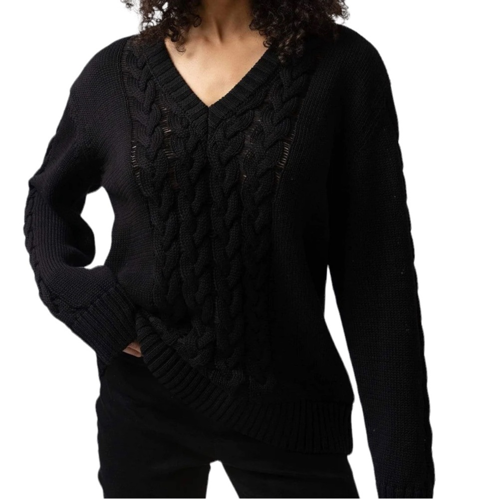 Saint + Sophia Black V-neck Cable Knit Sweater